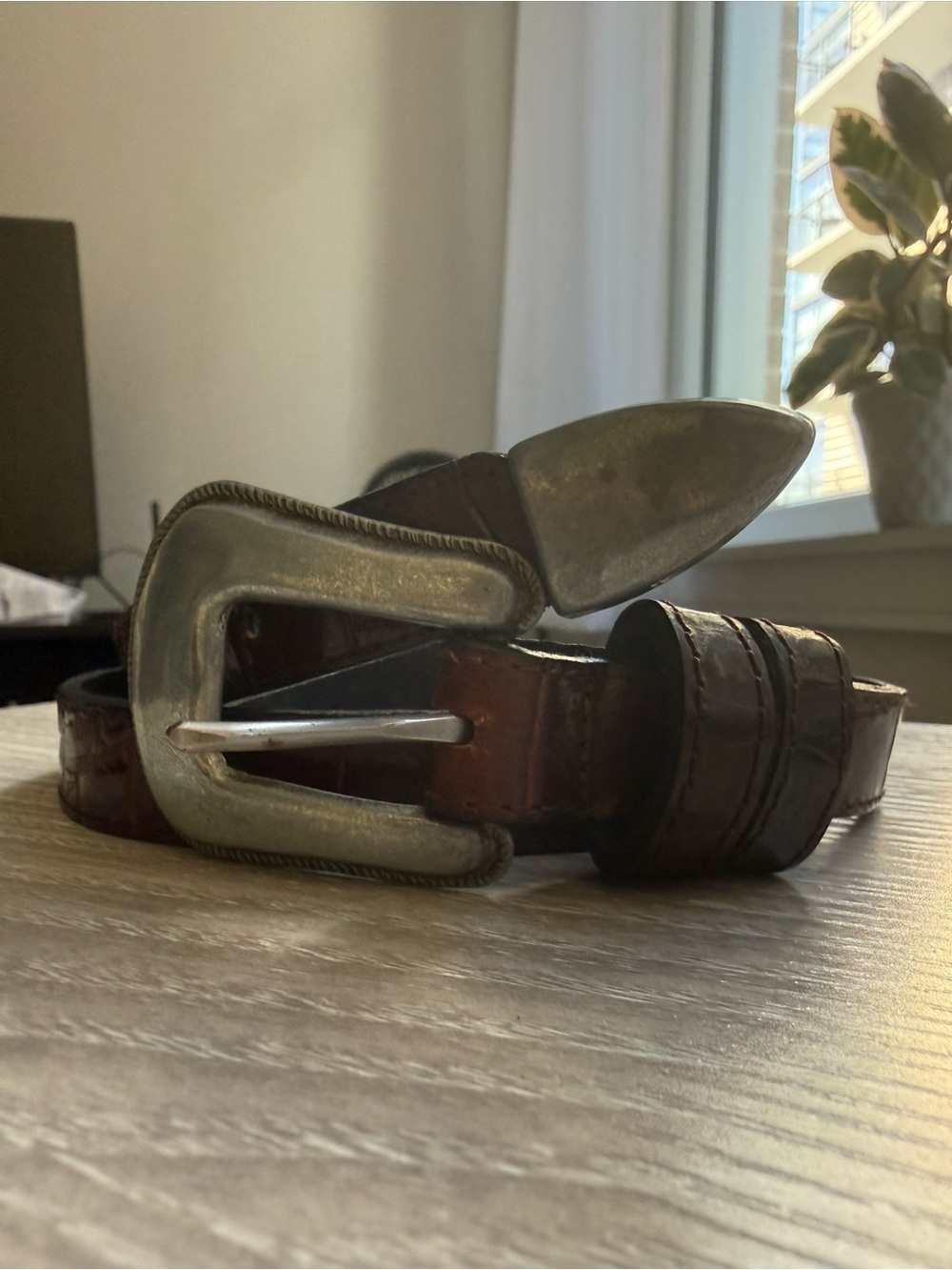 Joan & David Brown Leather Western-Inspired Belt with Silver Buckle